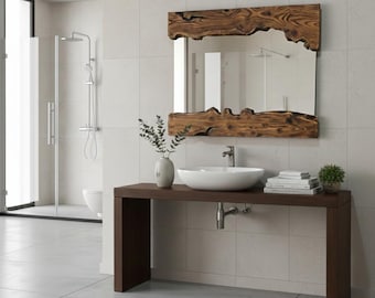 Espejo de nogal con borde natural hecho a mano – Decoración rústica de pared – Decoración rústica para entrada de baño