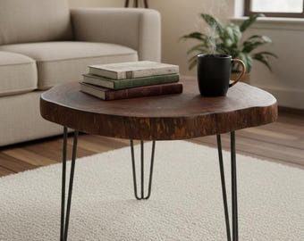 Walnut Wood Slab Coffee Table, Hairpin Legs