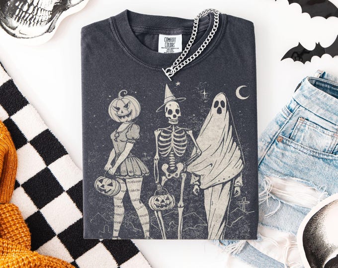 Featured listing image: Retro Halloween Comfort Colors Shirt Spooky Ghost, Skeleton Pumpkin Tee