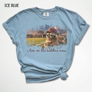 Pode incluir: Camiseta azul gelo com um guaxinim usando chap&eacute;u e &oacute;culos de sol, bebendo de um copo, com o texto "i live on the sideline now". O fundo mostra um campo esportivo.