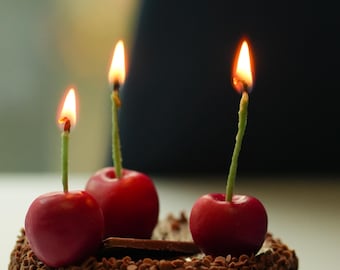 Świece Cherry Candles: Ręcznie robione ozdoby na imprezę z wosku sojowego – zestaw świeczek na tort urodzinowy