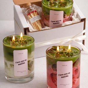 Matcha Latte Handmade Soy candle set with matches jar, scented,  two wicks