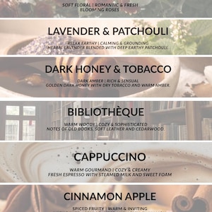 May include: Image featuring text descriptions for various scents. The scents include Rose Garden, Lavender & Patchouli, Dark Honey & Tobacco, Biblioth&egrave;que, Cappuccino, and Cinnamon Apple. Each scent is described with key notes.