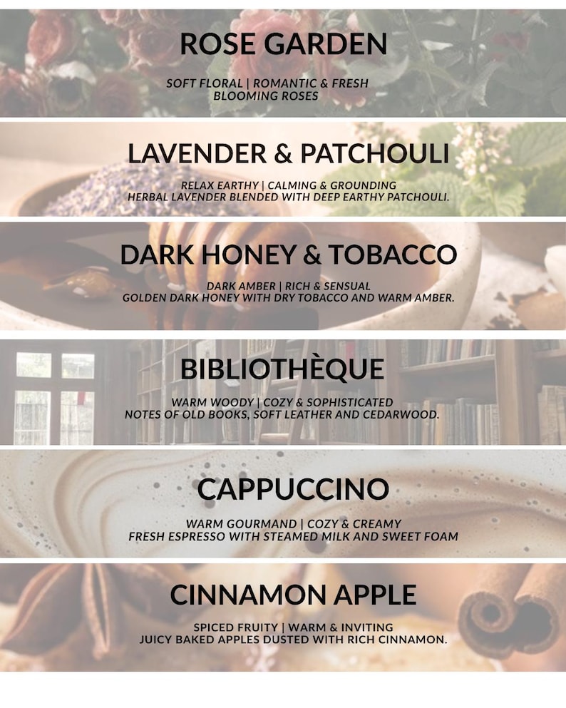 May include: Image featuring text descriptions for various scents. The scents include Rose Garden, Lavender & Patchouli, Dark Honey & Tobacco, Biblioth&egrave;que, Cappuccino, and Cinnamon Apple. Each scent is described with key notes.