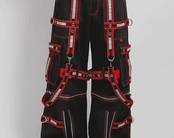 Pantalon Tripp Noir Homme Style Punk Rock Gothique avec Bretelles Rouges Pantalon Cargo Techwear