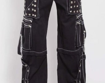 Pantalon gothique unisexe en coton noir, style punk rock gothique avec bretelles noires, pantalon baggy techwear
