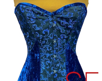 Blå brokad-sammetskorsett gotisk midjetränare-bustier viktoriansk steampunk-renässans toppkorsett