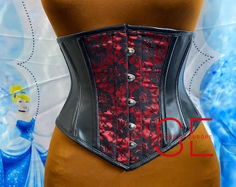 Handmade Black Leather Underbust Corset: Steel Boned Waist Cincher