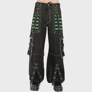 Unisex Handmade Gothic Pant Green Mesh Black Cotton Trousers Punk Studs Metal Chain Trippy Steampunk Pants
