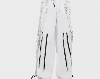 Handmade Gothic Cargo Pants: White Baggy Trousers with Straps & Chains