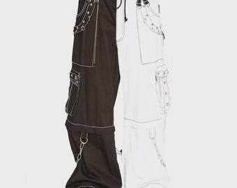 Unisex Gothic Cargo Pants: Black & White Cyberpunk Style with Chain Straps