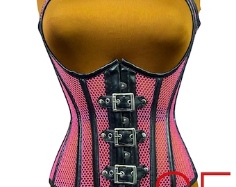 Corsetto in rete di pelle con spalline al collo, bustino punk gotico, corsetto steampunk con top da allenamento in vita
