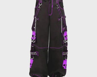Pantalón unisex gótico morado con calavera cibernética, de algodón, estilo punk rock steampunk