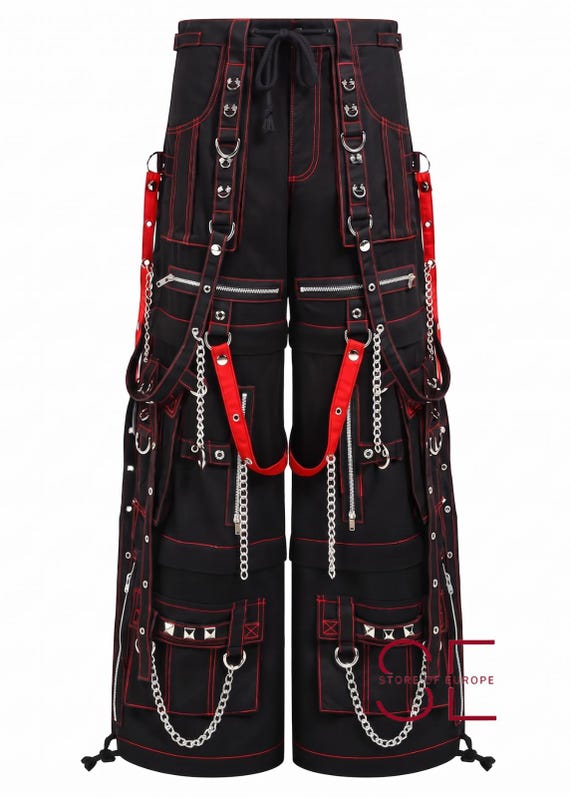 Cyber Goth Cargo Pants, Black Red Techwear Pants, Wide Leg Rave Pants, Punk Strap Chain Trousers, Harajuku Streetwear