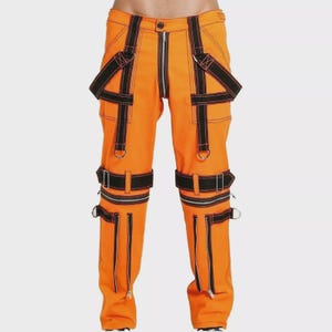Unisex Handmade Orange Gothic Cotton Pant Straps and Chains Gothic Baggy Alternative Steampunk Edgy Punk Cargo Bondage Pants Trousers