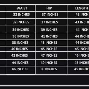 Puede incluir: Una tabla de tallas negra con texto y bordes blancos. Las columnas est&aacute;n etiquetadas como TAG, WAIST, HIP y LENGTH. Las filas enumeran tallas desde XS-30 hasta 5XL-46 con las medidas correspondientes en pulgadas para cada categor&iacute;a.