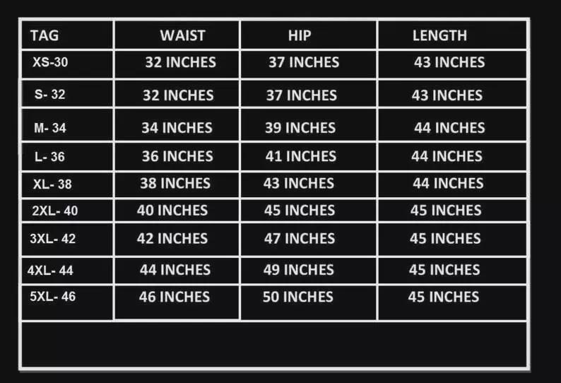 Puede incluir: Una tabla de tallas negra con texto y bordes blancos. Las columnas est&aacute;n etiquetadas como TAG, WAIST, HIP y LENGTH. Las filas enumeran tallas desde XS-30 hasta 5XL-46 con las medidas correspondientes en pulgadas para cada categor&iacute;a.