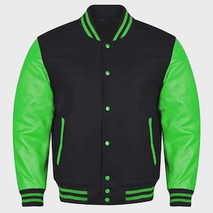 May include: A varsity jacket featuring a black wool-like body and vibrant lime green sleeves. The garment includes a black ribbed collar, cuffs, and hem with lime green stripes. It has a front snap-button closure and two side pockets.