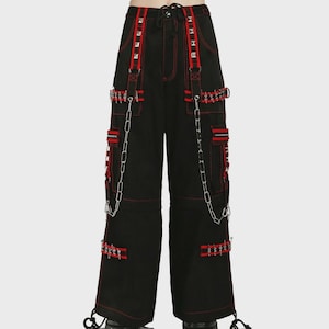 Pantalon cargo unisexe fait main noir rouge cyber chaîne bondage steampunk motard