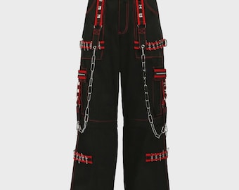 Pantalones cargo unisex hechos a mano, estilo steampunk, con cadena cibernética, color negro y rojo