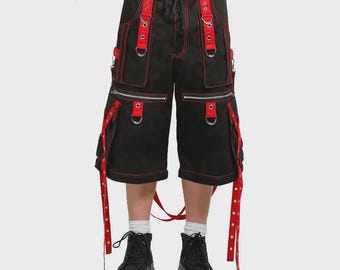 Gothic rood zwarte cargoshort | Punk-streetwearbroek voor heren | Festival grunge skatershort