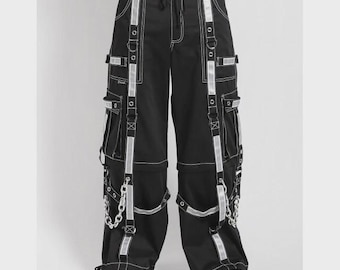 Pantalon gothique unisexe, fils réfléchissants, fermeture éclair en short, coton noir, boucle punk, pantalon cargo Techwear ample