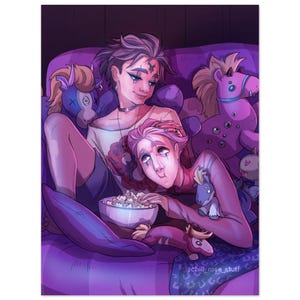 May include: Two people are sitting on a purple couch, watching a movie. They are surrounded by stuffed animals and are eating popcorn from a bowl. The couch is covered in a purple blanket. The image is in a cartoon style.