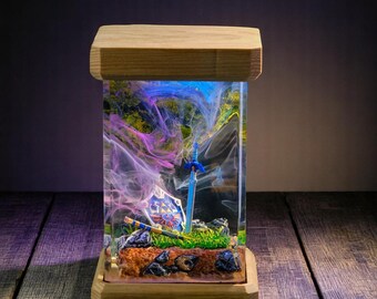 Lámpara de resina con espada y escudo hecha a mano: Decoración de fantasía con LED RGB