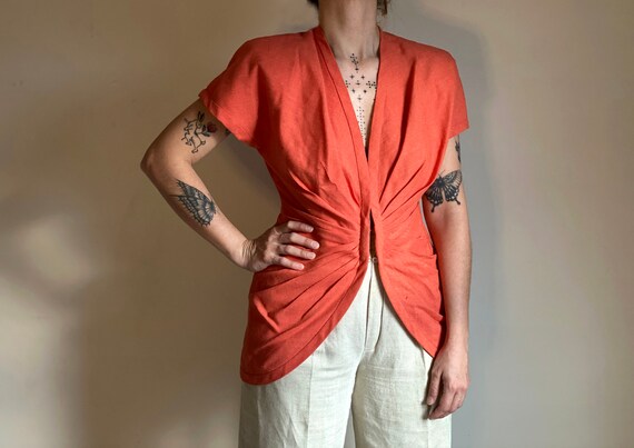 vintage coral ruched short sleeve top | gathered l