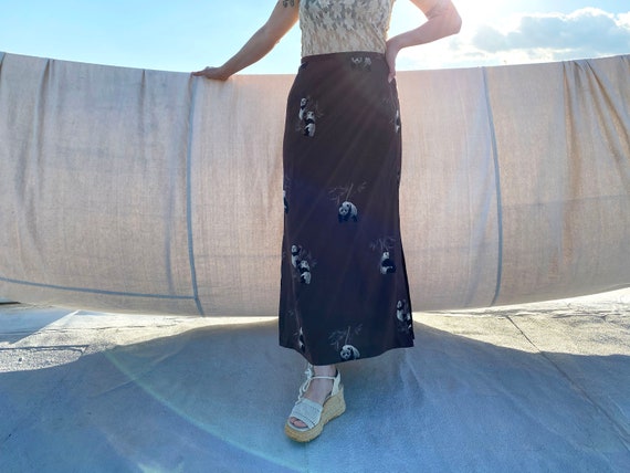 vintage 90s maxi brown skirt / panda print / anim