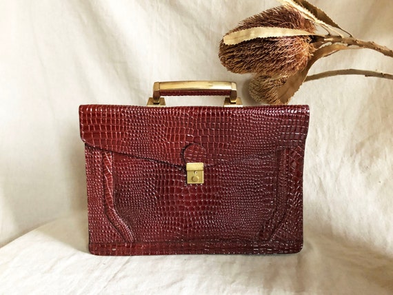 vintage leather croc small briefcase / box shape b