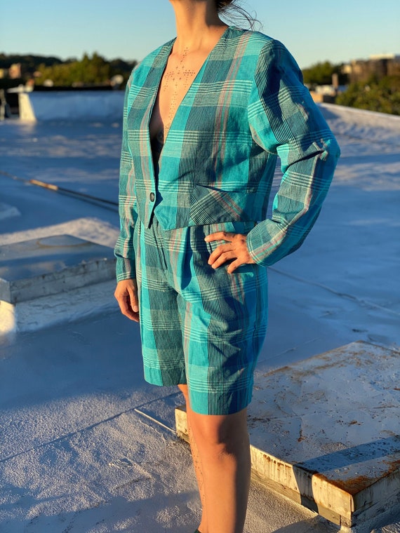 vintage 80s two piece linen set | padded shoulders