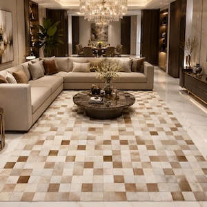 May include: A spacious living room with a beige corner sofa, a marble coffee table, and a patterned rug. The rug features a geometric design in brown and cream tones. A gold side table with a lamp is in the foreground. The room has a chandelier.
