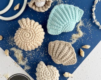 Bundel met haakpatroon schelp, 5 amigurumi-sleutelhangers en tasbedel, gehaakte set kust, digitale download
