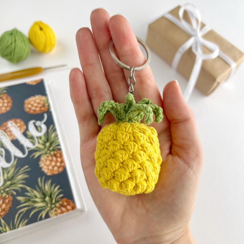 PDF crochet pattern. Cute yellow amigurumi pineapple for keys, bags or car decor