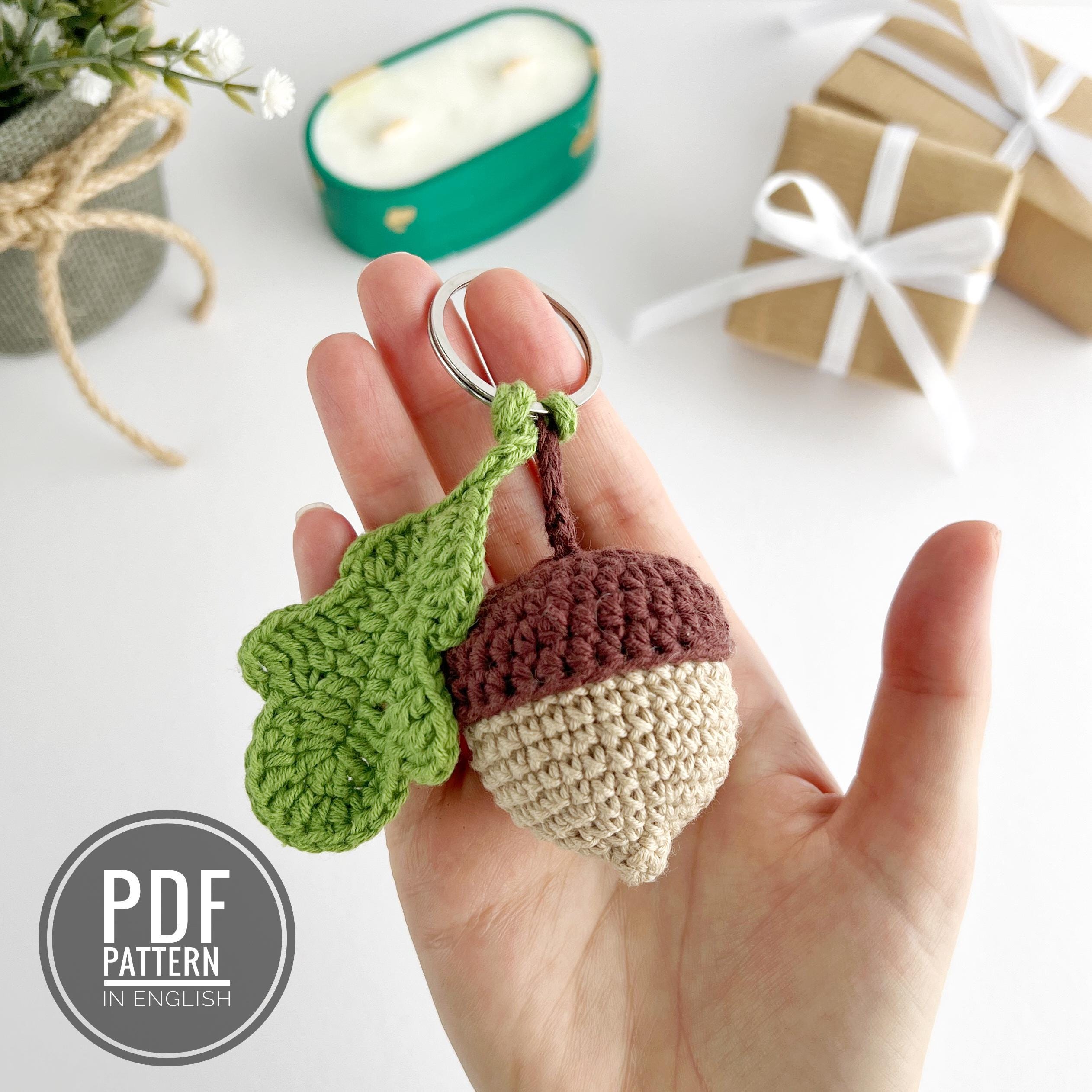 Acorn with leaf crochet pattern keychain charm Amigurumi