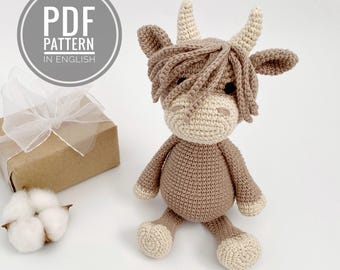 Highland сow crochet pattern, Amigurumi cow plush, Farm animal toy, Cute cow toy, Digital Download English