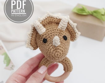 Dinosaur crochet pattern baby rattle Triceratops amigurumi dino plush baby toy PDF, Digital Download English