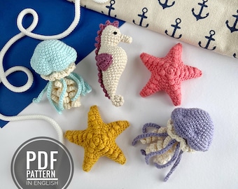 Llavero de crochet Medusa Estrella de mar Caballito de mar Patrón amigurumi PDF Animales marinos Llavero de peluche Tutoriales Charm de crochet Colgante para coche