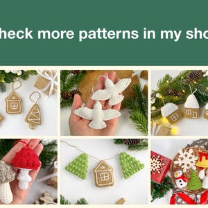 Puede incluir: Un collage de adornos navide&ntilde;os hechos a mano con ganchillo, que incluyen campanas, casas, &aacute;rboles y setas. Los adornos son de varios colores y dise&ntilde;os, algunos con detalles blancos. El texto "Check more patterns in my shop" est&aacute; en la parte superior.