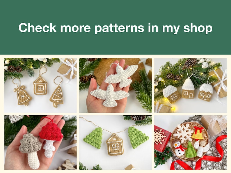 Puede incluir: Un collage de adornos navide&ntilde;os hechos a mano con ganchillo, que incluyen campanas, casas, &aacute;rboles y setas. Los adornos son de varios colores y dise&ntilde;os, algunos con detalles blancos. El texto "Check more patterns in my shop" est&aacute; en la parte superior.