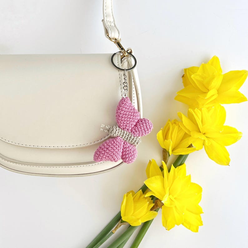 Pink crochet butterfly bag charm