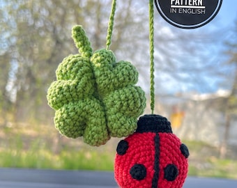 Four leaf clover & Ladybug crochet pattern Car hanger, Lucky Charm amigurumi pattern PDF