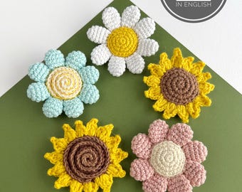 No sew crochet Flower keychain pattern bundle, Daisy, Sunflower and Flower Charm PDF, Crochet bag charm pattern