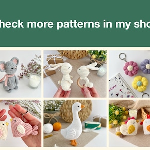May include: A collection of crocheted animal toys, including a mouse, bunnies, a goose, and chickens. The toys are all handmade and feature different colors and patterns.