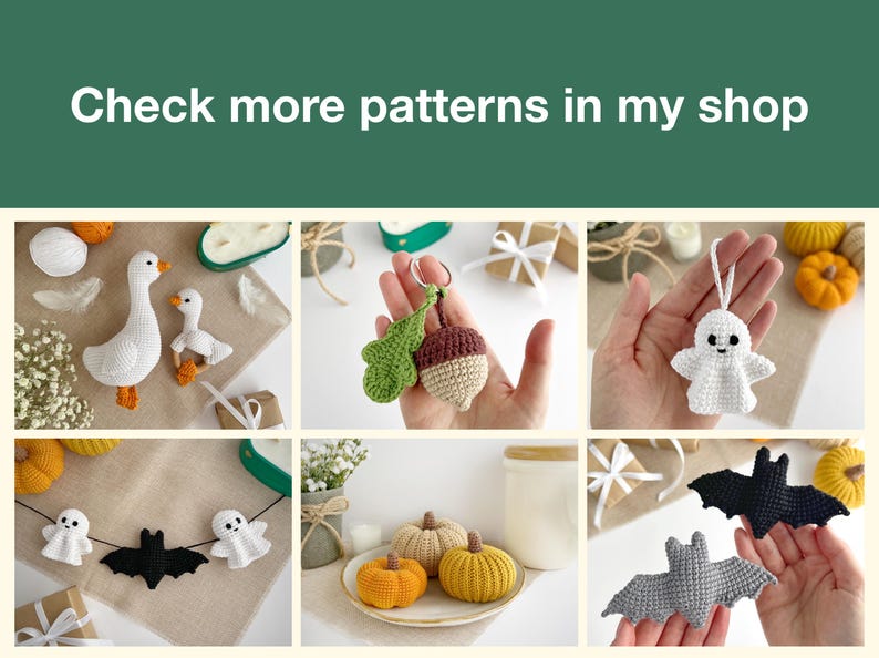 May include: A collection of crochet items including a white goose, an acorn keychain with a green leaf, a white ghost ornament, a garland with ghosts and a black bat, three small pumpkins in orange and tan, and two bats in black and gray.