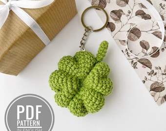 Four leaf clover crochet keychain pattern Crochet plush keychain charm Amigurumi keychain pattern