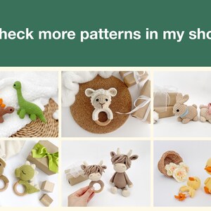 May include: A collection of crocheted amigurumi toys, including a dinosaur, a lamb, a bunny, a cow, and a duck. The toys are all holding wooden teething rings. Check more patterns in my shop.