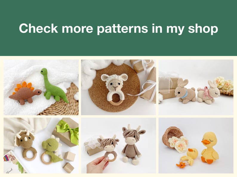 May include: A collection of crocheted amigurumi toys, including a dinosaur, a lamb, a bunny, a cow, and a duck. The toys are all holding wooden teething rings. Check more patterns in my shop.