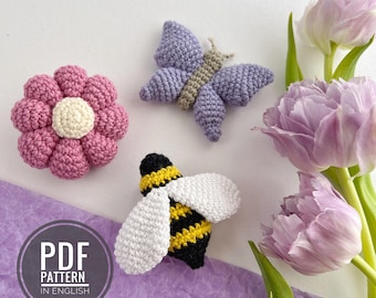 Vlinder gehaakte sleutelhanger Bloemenpatroon Bij amigurumi Pluche sleutelhanger bedel Honingbij haakpatroon pdf autospiegel hangend